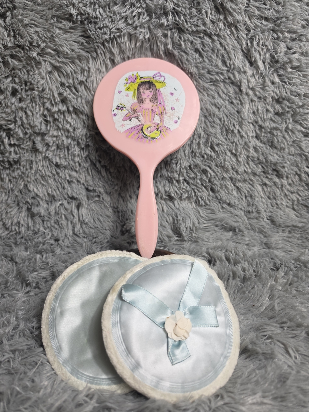 Pink Kids Hand Mirror with Light Blue Satin Powder Puffs